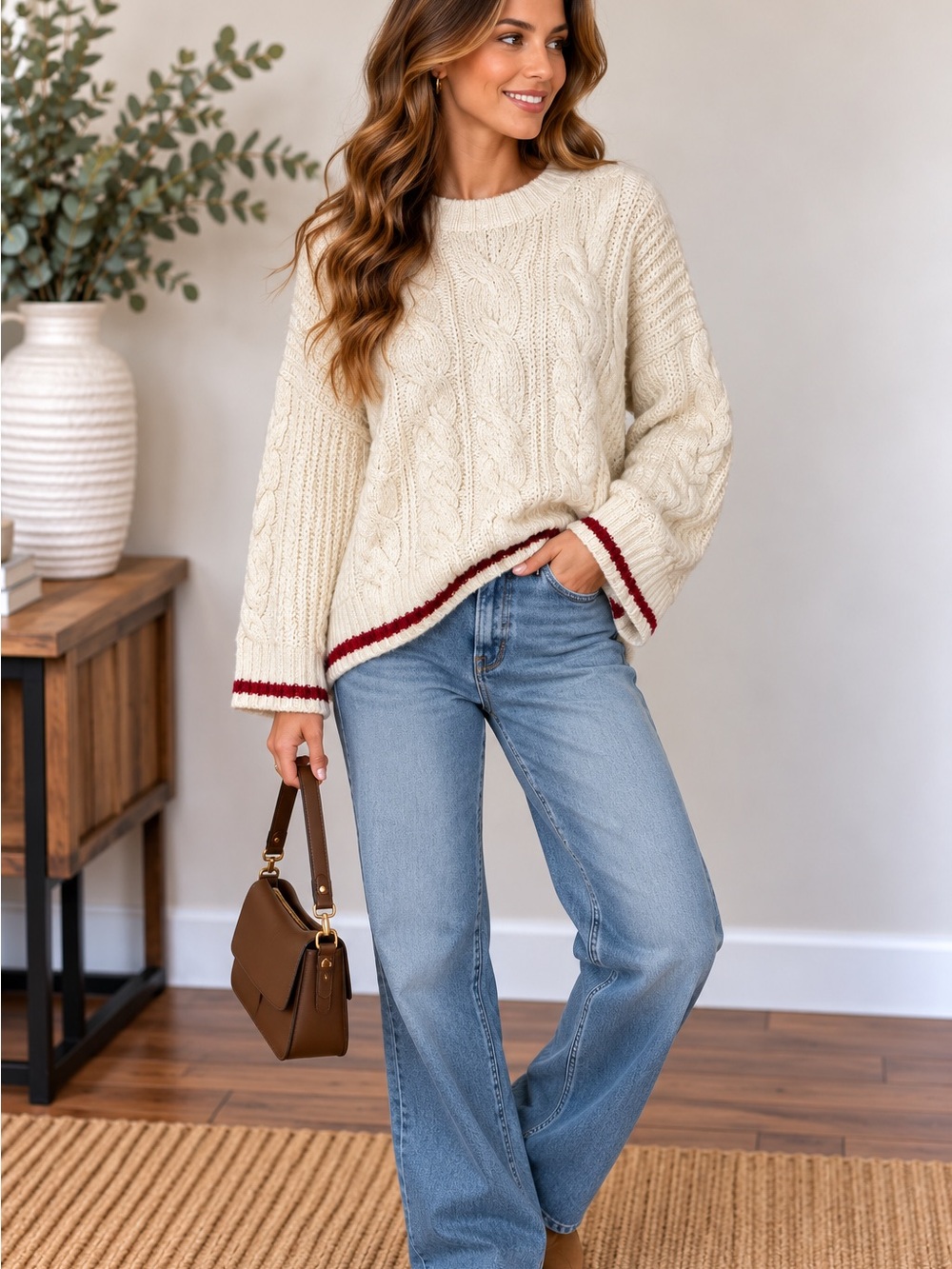 American Eagle Outfitters Cream Cable-Knit Crew Sweater with Red Trim
